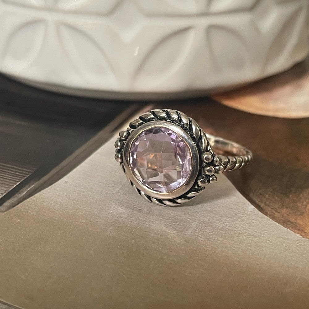 Sterling Ring with Faceted Lavender Gemstone and Rope Detail